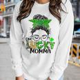 One Lucky Momma Messy Bun Mom Shamrock St Patricks Day Women Graphic Long Sleeve T-shirt Gifts for Her