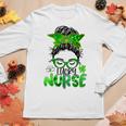 Lucky Nurse St Patricks Day Nurse Shamrock Messy Bun Mom Women Graphic Long Sleeve T-shirt Funny Gifts