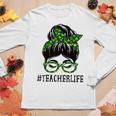 Teacher Women Messy Bun St Patricks Day Shamrock Women Graphic Long Sleeve T-shirt Funny Gifts