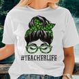Teacher Women Messy Bun St Patricks Day Shamrock Women T-shirt Gifts for Her