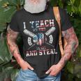 I Teach My Kids To Hit And Steal Baseball Dad American Flag Unisex T-Shirt Gifts for Old Men