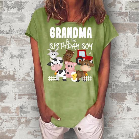 Farm Animals Barnyard Farm House Grandma Of The Birthday Boy Women's Loosen  Crew Neck Short Sleeve T-Shirt